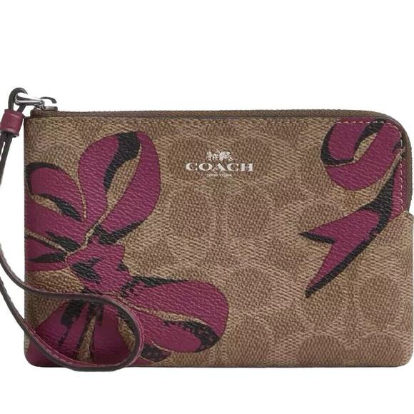 Coach Corner Zip Wristlet -CZ440 Tan Signature Coated Canvas w/Pink Bows NWT - Picture 1 of 10